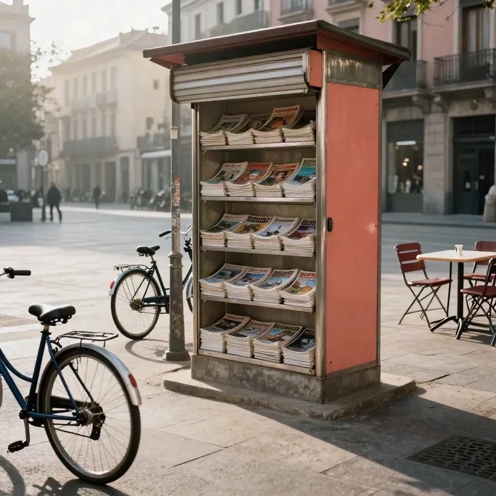 Quiosco de revistas en una plaza, con bicis, mesas de café y luz matinal azulada.