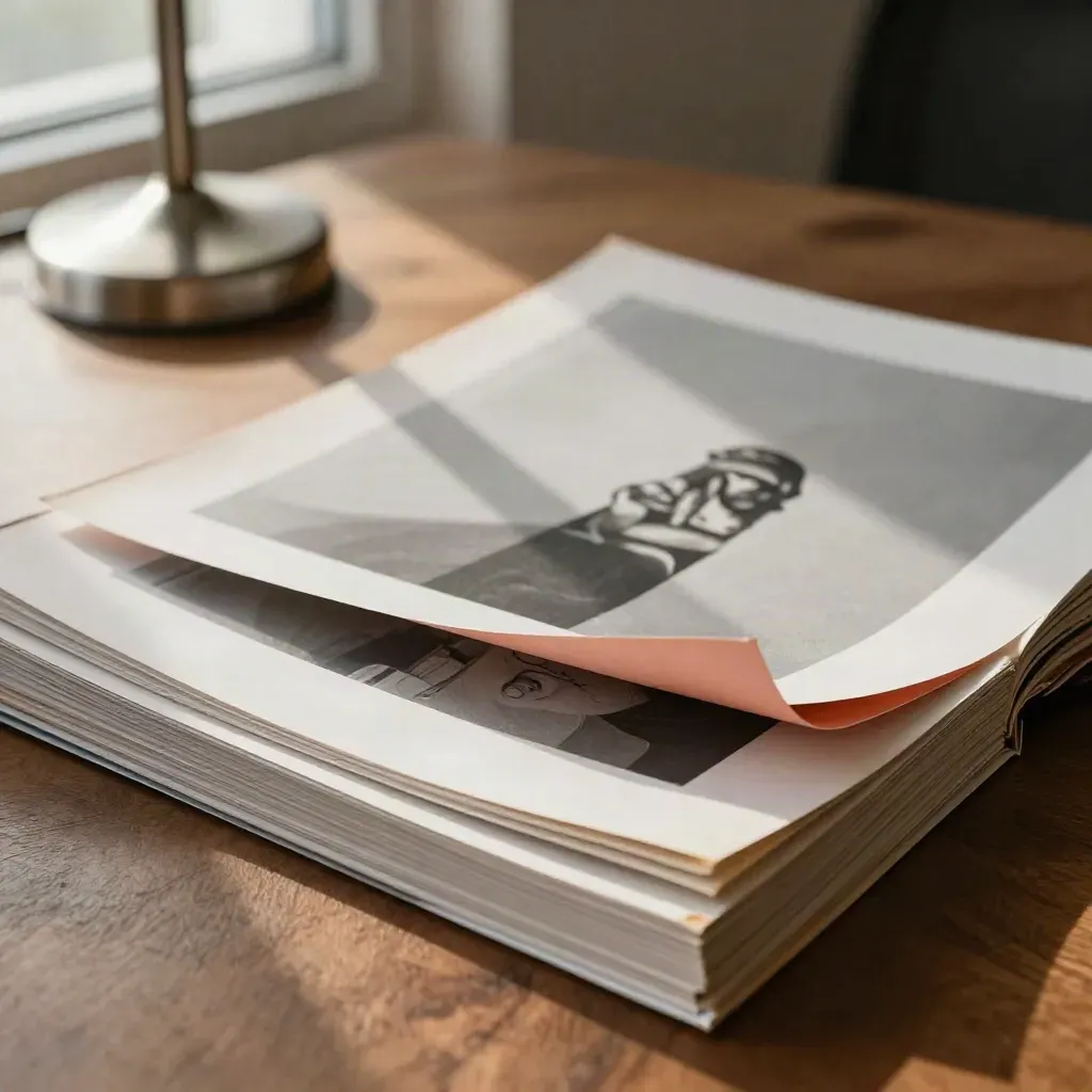 Pruebas editoriales, papeles y una lámpara pequeña sobre una mesa de madera con luz de tarde.