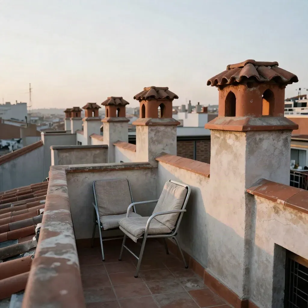 Azotea madrileña al amanecer con chimeneas de terracota y sillas plegadas entre la niebla.
