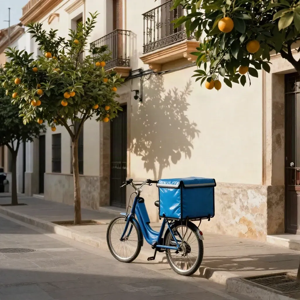 Calle de València con naranjos, balcones claros y una bici de reparto azul tinta al sol de tarde.