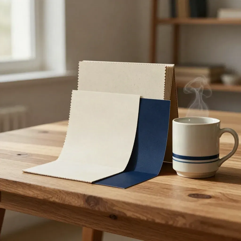 Muestrario editorial con cajas, papeles y una taza de cerámica sobre mesa de madera.