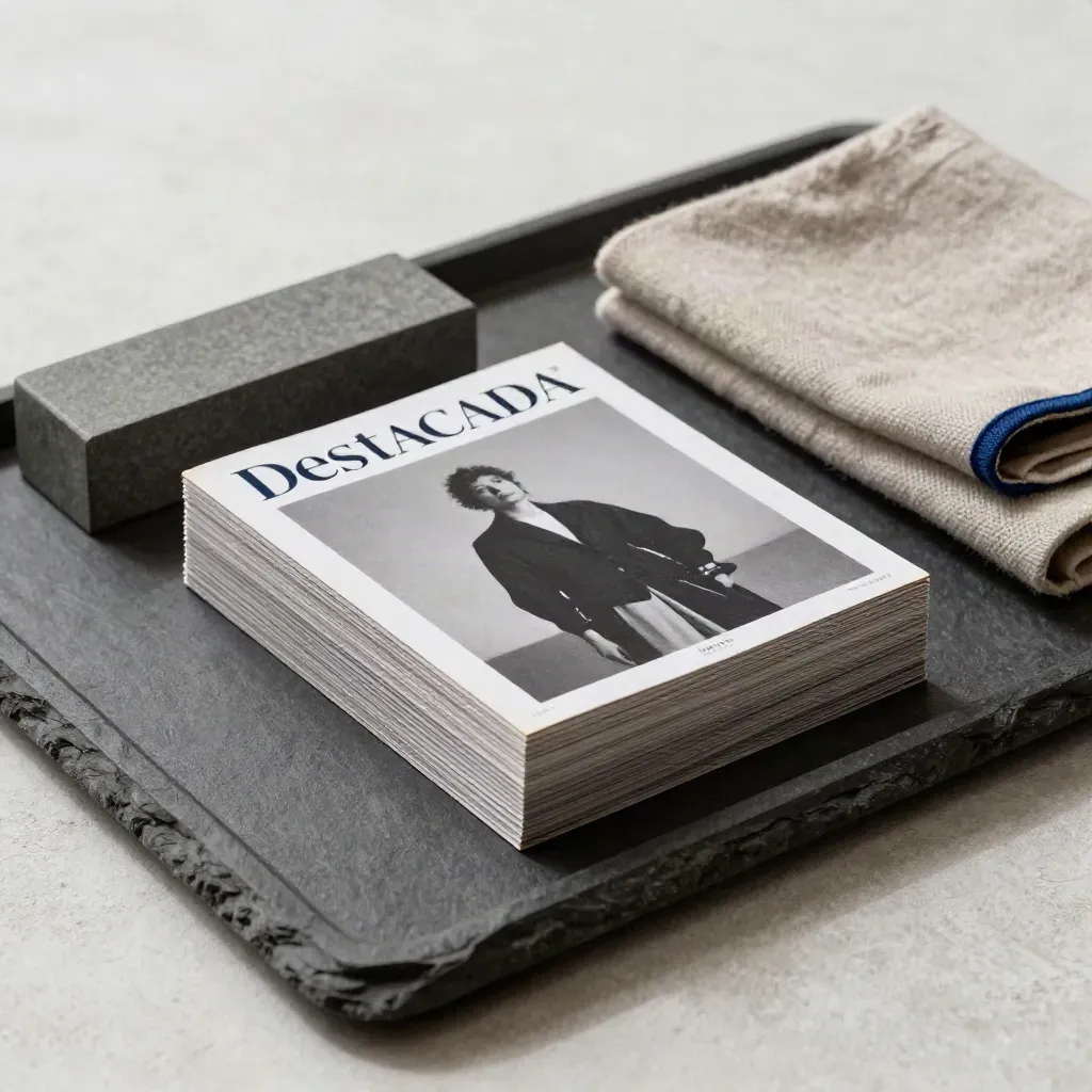 Tarjeta editorial sobre bandeja de piedra con paño plegado y pisapapeles