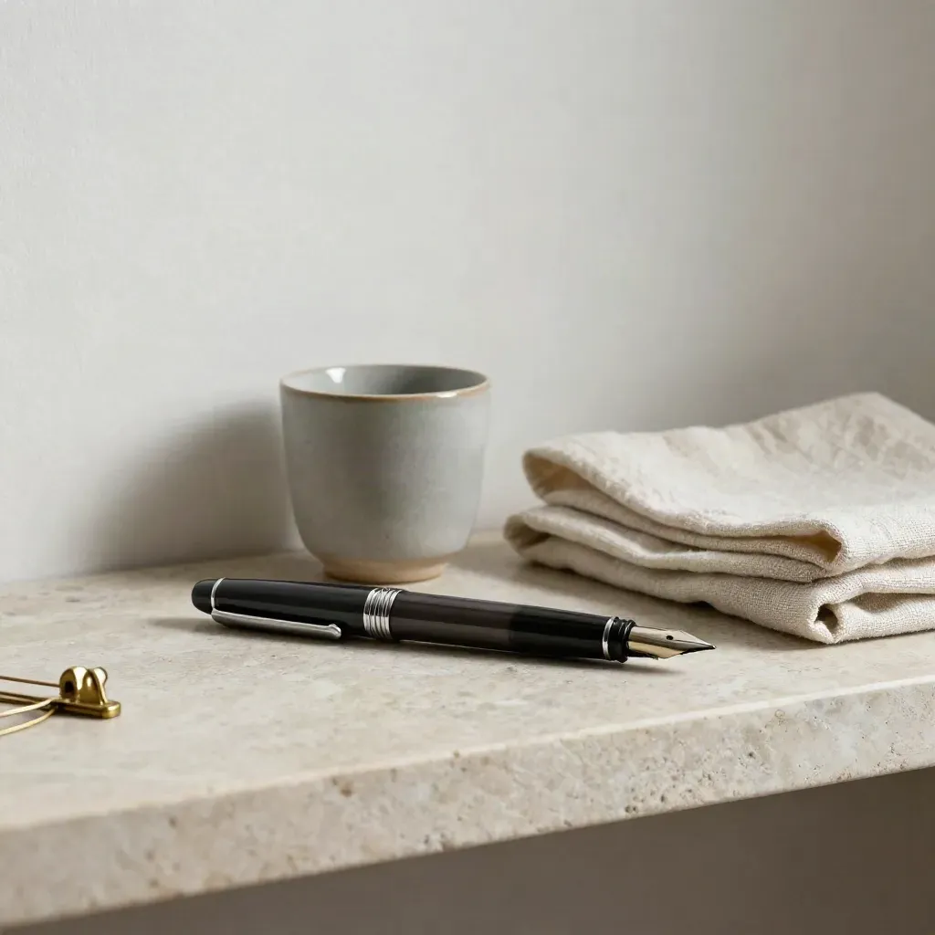 Pluma estilográfica, clip de latón, taza cerámica y paño de lino sobre una repisa de piedra.