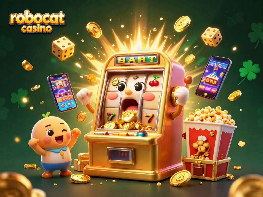 Experience excitement at robocat casino with a golden slot machine celebrating its jackpot amidst flying coins and festive elements.