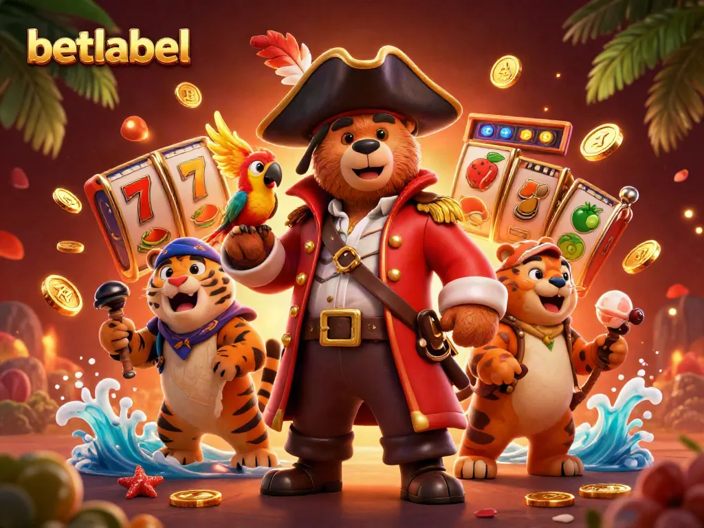 Betlabel showcases a vibrant scene with a pirate captain bear, tiger first mate, and gaming symbols.